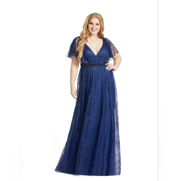 Mac Duggal 67435 Midnight Blue Lace A-line Gown NWT - Picture 1 of 8